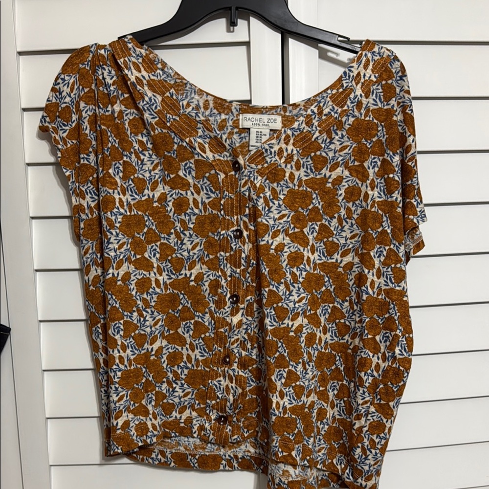 Rachel Zoe Brown and Blue Crop Blouse Short Sleeve
